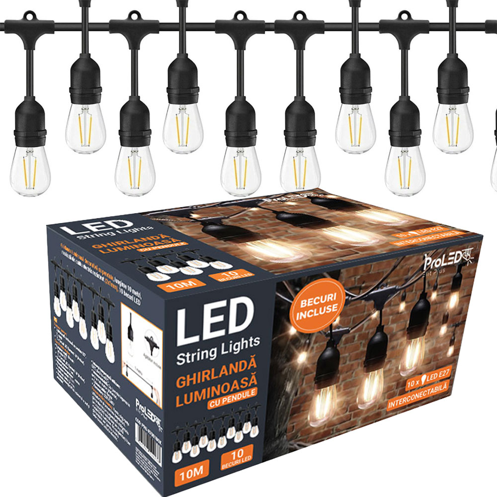 GHIRLANDA LUMINOASA 10 METRI 10 BECURI LED FILAMENT 1W E27, IP44