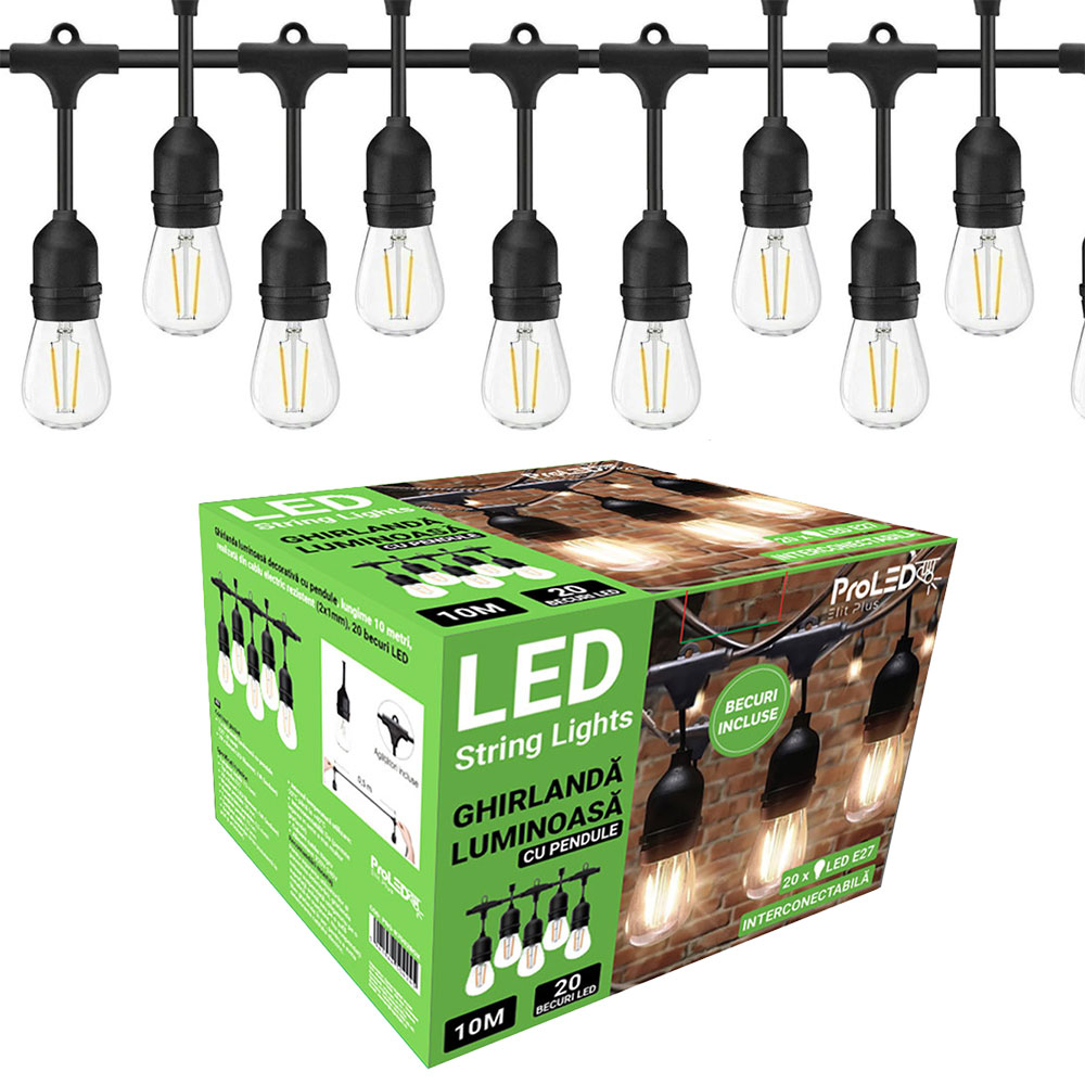 GHIRLANDA LUMINOASA 10 METRI 20 BECURI LED FILAMENT 1W E27, IP44