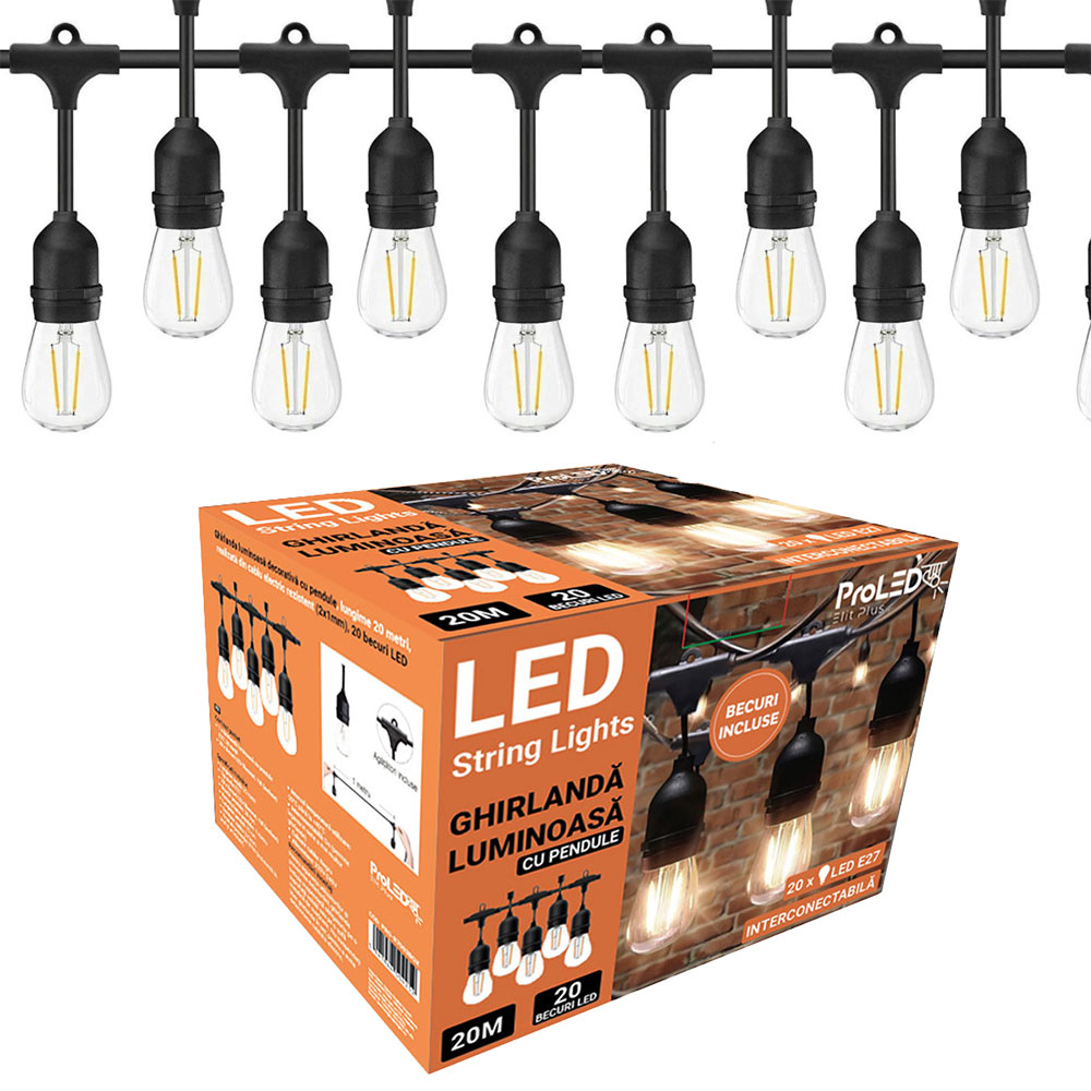 GHIRLANDA LUMINOASA 20 METRI 20 BECURI LED FILAMENT 1W E27, IP44