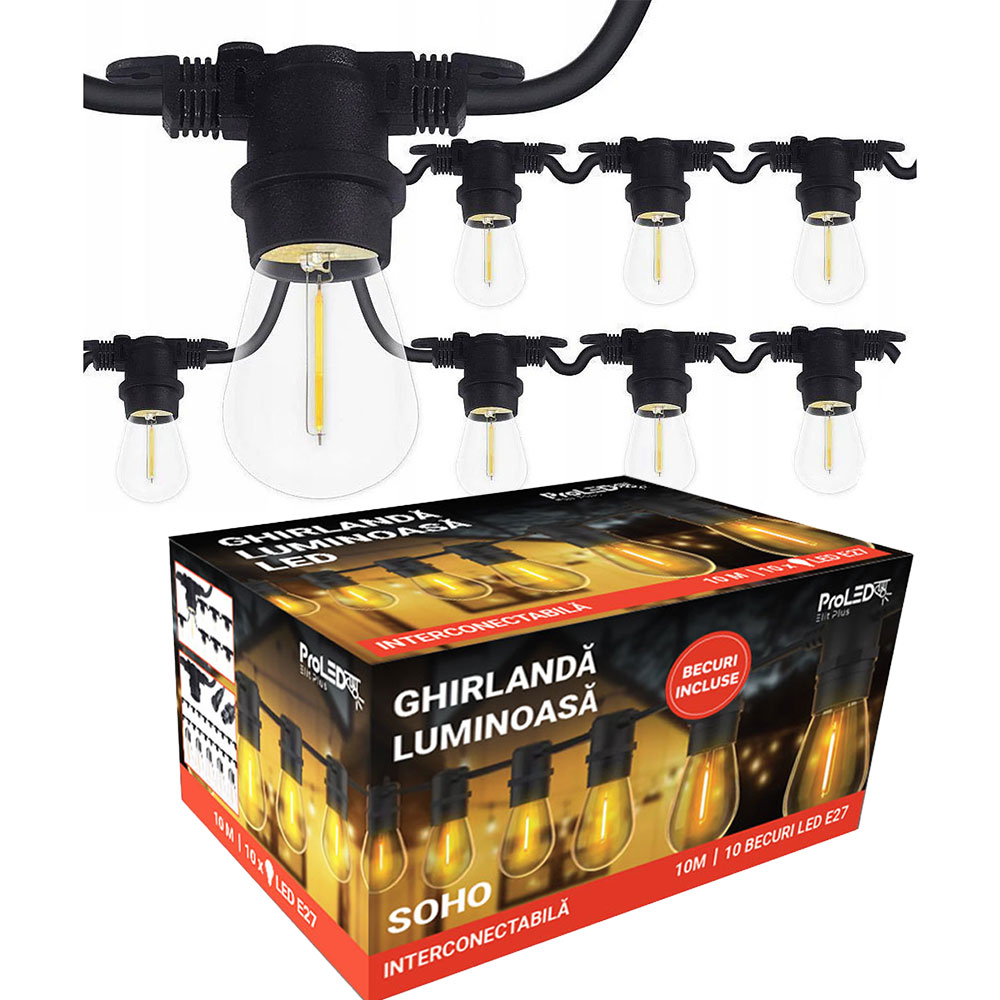 SOHO GHIRLANDA LUMINOASA 10 METRI 10 BECURI LED FILAMENT 1W E27, IP44