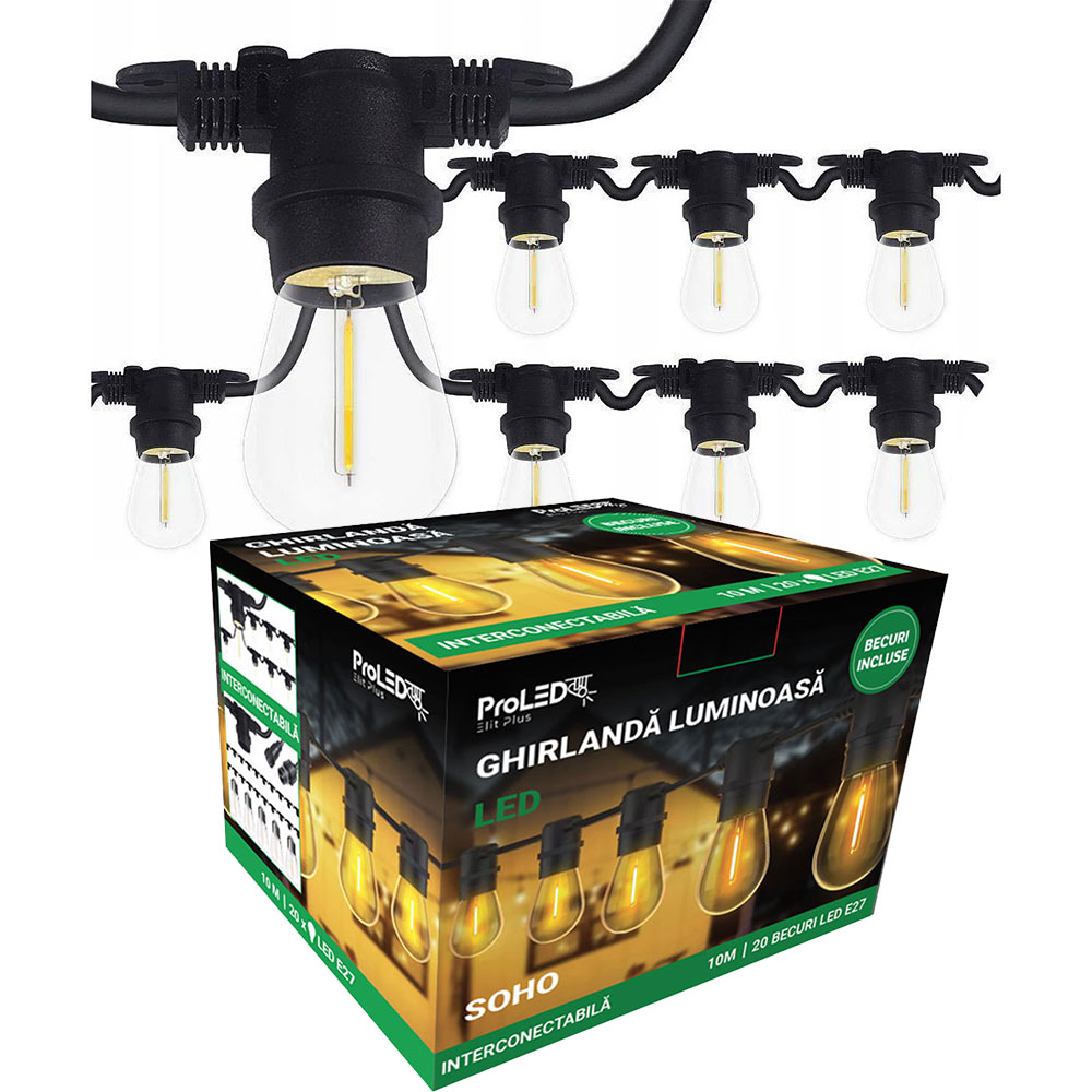 SOHO GHIRLANDA LUMINOASA 10 METRI 20 BECURI LED FILAMENT 1W E27, IP44